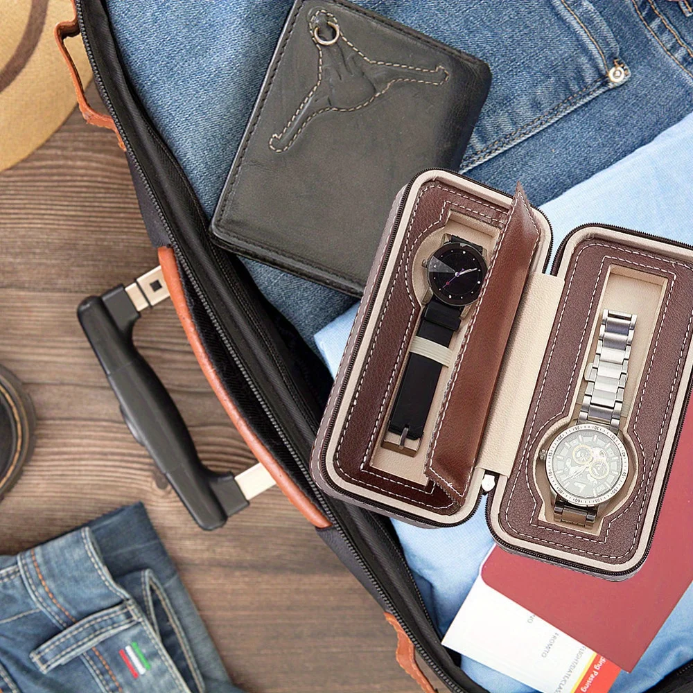 صندوق تخزين أنيق محمول لساعة 2 على شكل مستطيل من جلد البولي يوريثان منظم متين للسفر والاستخدام المنزلي #6