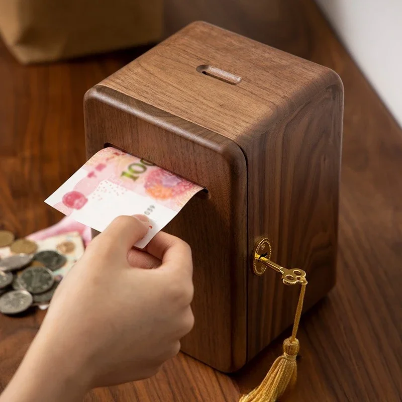 Creative Money Boxes Walnut Wood Piggy Bank with Lock Children's New Year's Gift Multifunctional Home Decoration Ornaments