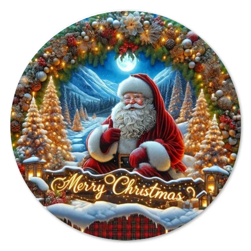 Vintage Merry Christmas Santa Claus Retro Metal Wall Art, Round Winter Mountain Snow Scene Decorative Tin Sign, Rustic Holiday W