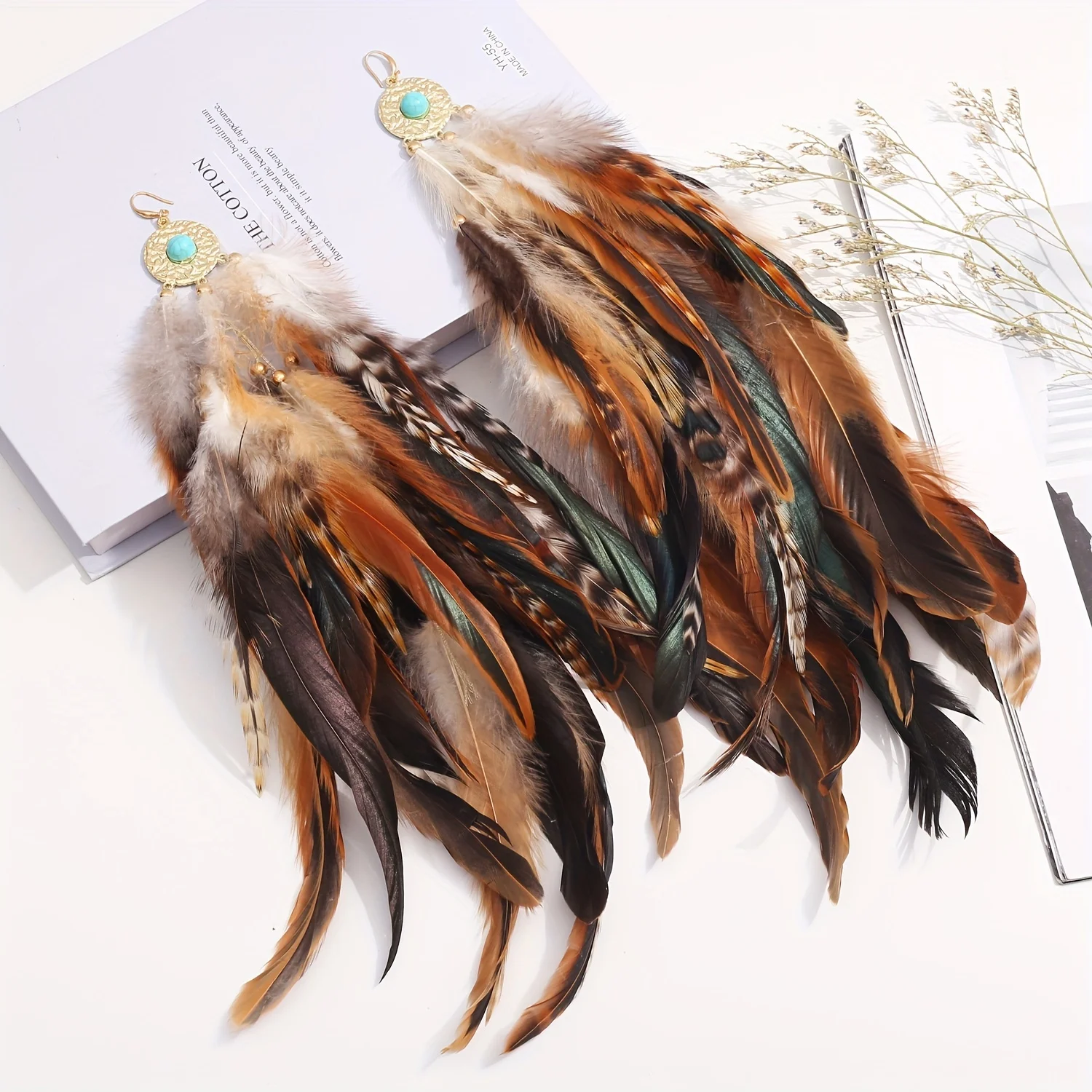 Exaggerated Fashion Feather Long Earrings Hollow out Alloy Turquoise Earrings 3D Metal Earrings