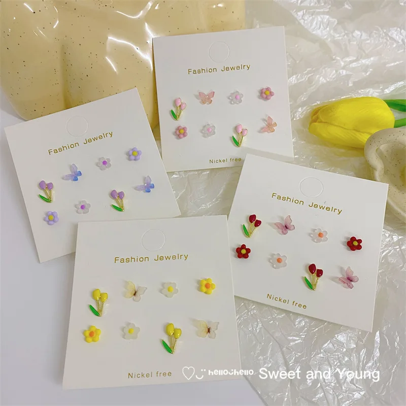 12/8/6 قطعة/المجموعة 925 الفضة إبرة الحلو لطيف أقراط الوردي الأحمر زهرة فراشة القلب مسمار طقم من الحلقان بالجملة دروبشيبينغ