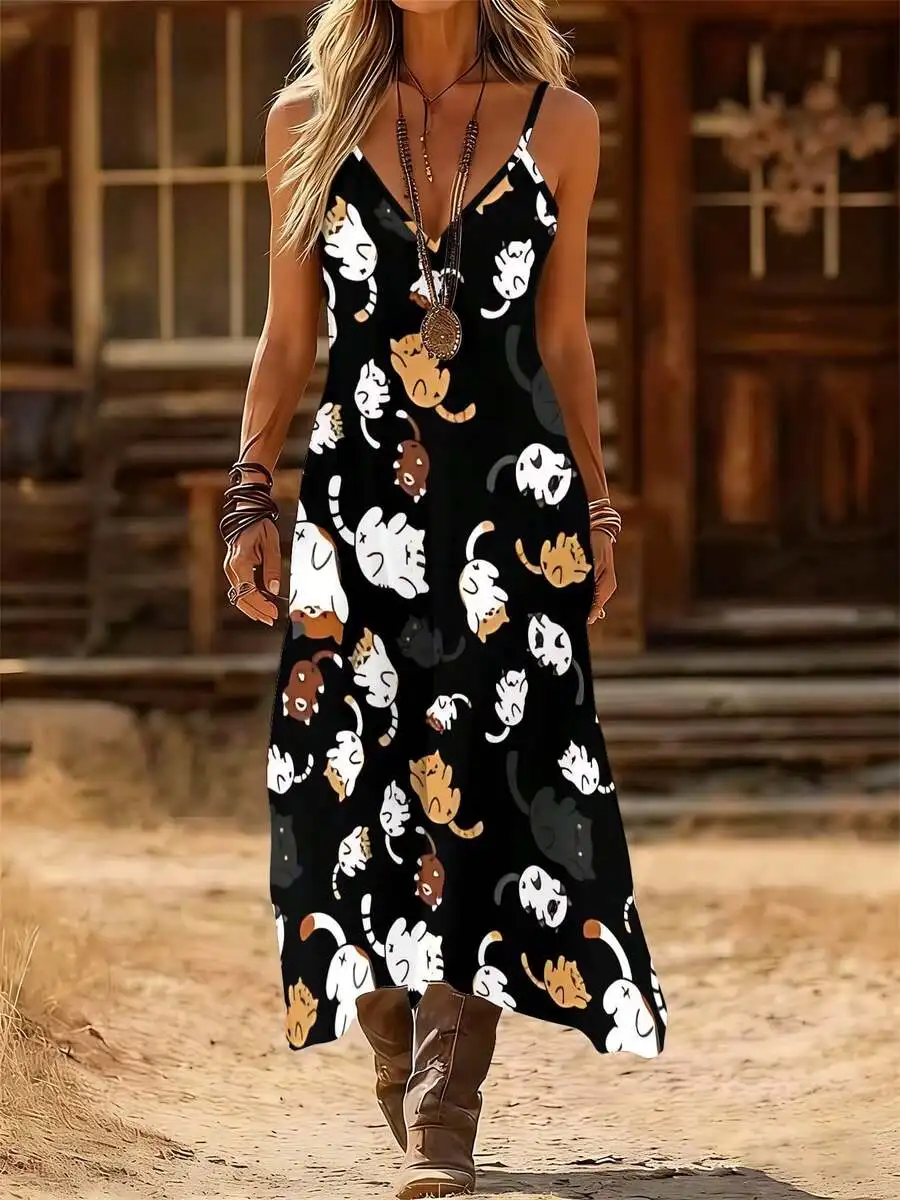 

Women V-Neck Slip Long Dress Black Cat Print Thin Strap Micro-Elastic Knit Casual Vacation Daily Wear