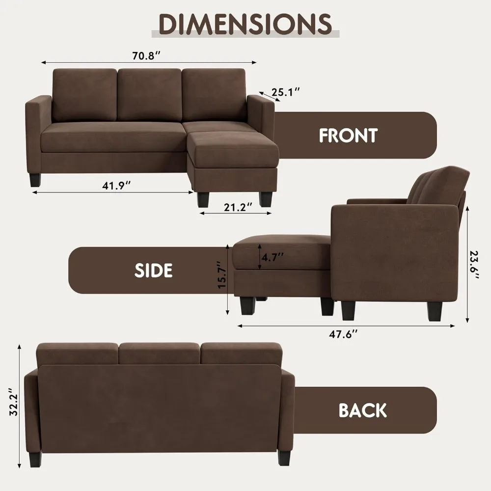 YESHOMY Convertible Sectional 3 L-Shaped Couch Soft Seat with Modern Linen Fabric, Small Space Sofas for Living Room