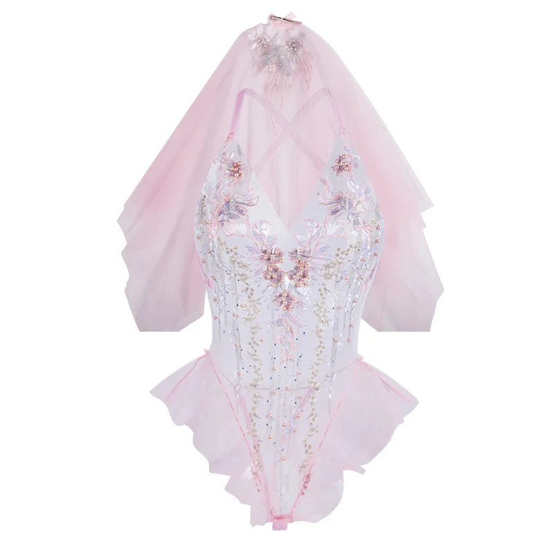 AniLV Bride Wedding Gown Veil Pajamas Cosplay Women Embroidery Lace Flower Bodysuit Clothes Costume