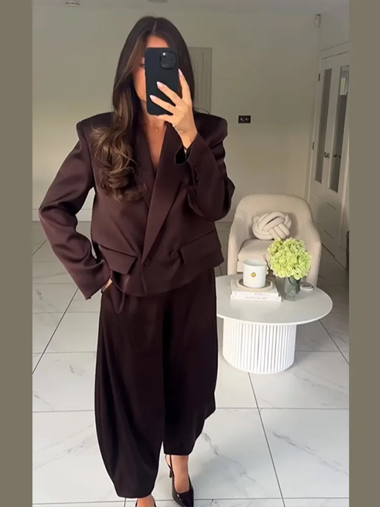 

Атласный костюм с лацканами, куртка, длинные брюки, комплект женских универсальных однотонных брюк для поездок на работу, женские осенние модные элегантные топы на одной пуговице