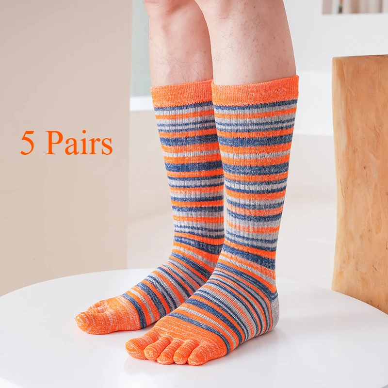 

5Pairs Man Toe Socks Long Plus Large Size Cotton Colorful Striped Compression Sport Fitness Happy Funny 5 Finger Calf Socks