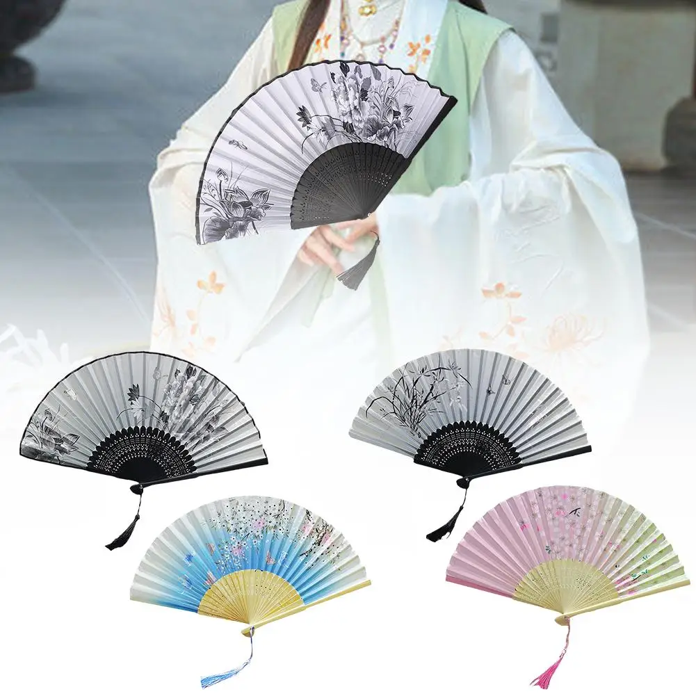 1pcs Chinese Style Folding Fan Bamboo Shank Handheld Female Party Flower Elegant Decoration Wedding Folding Pattern Fan Fan E9x0