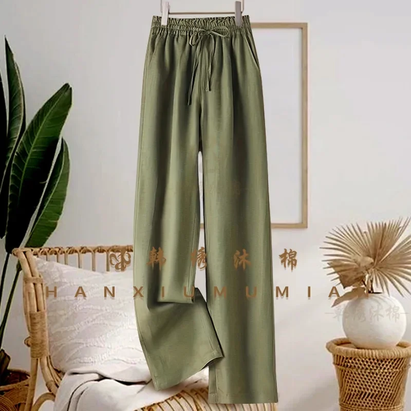 بنطلون صيفي جديد فضفاض وواسع الساق بلون سادة من القطن والكتان مع خصر مطاطي ورباط للسيدات
