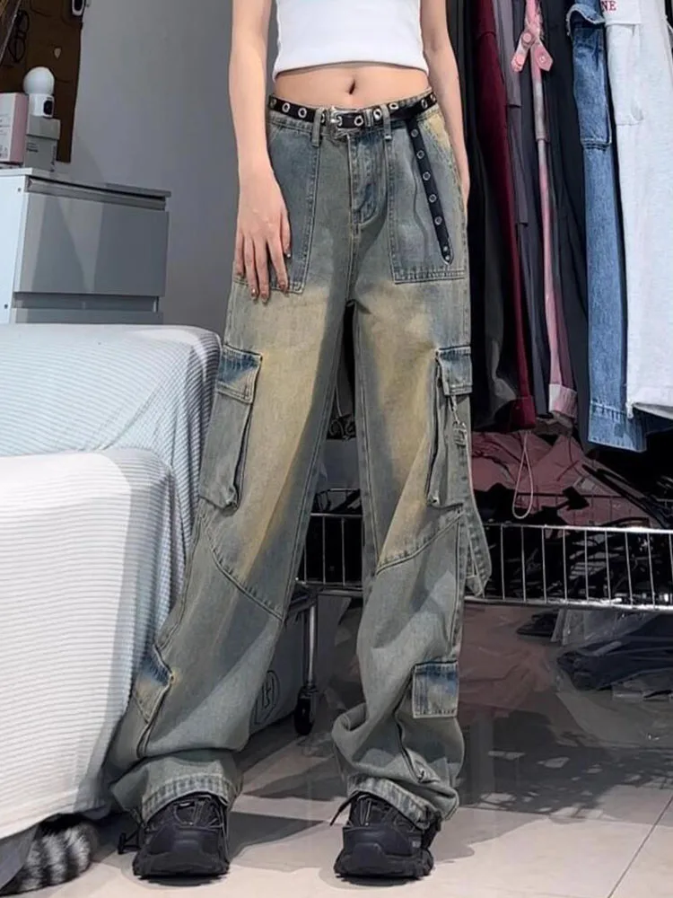 Vintage Mode Nieuwe Zakken Ontwerp Denim Broek Vrouwen Sexy Hoge Taille Wijde Pijpen Broek Herfst Winter Hip-Hop Gyaru Jeans Trend