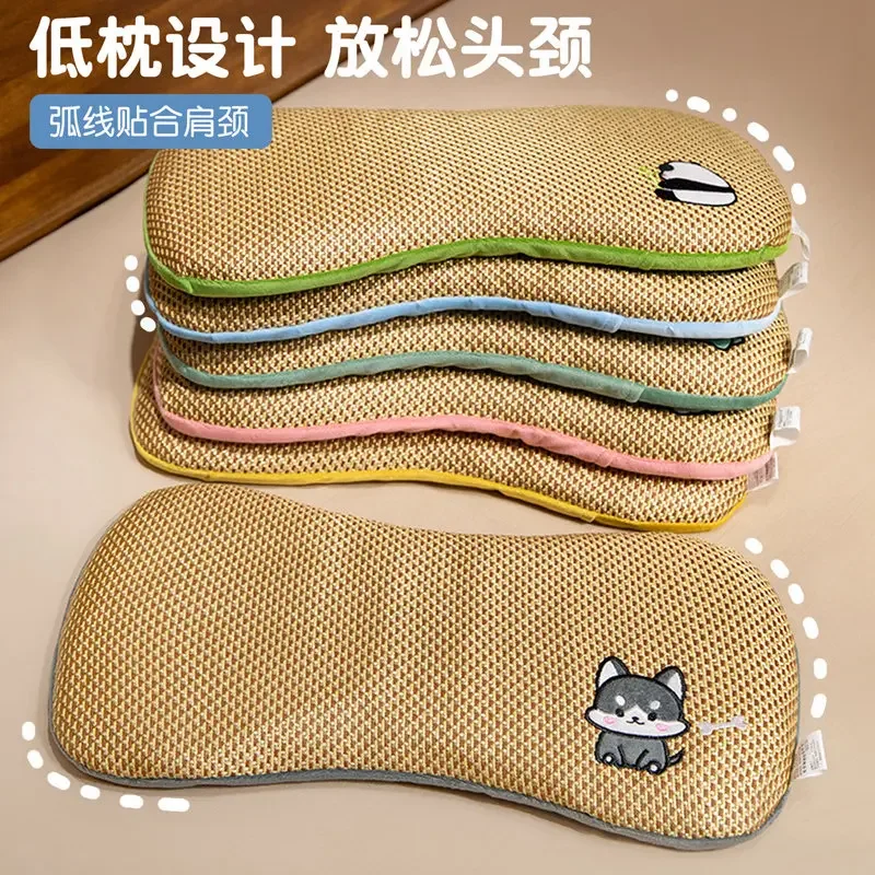 Cute Cartoon Cooling Bed Pillow, Breathable Imitation Rattan Surface Neck Support Pillow for gifts.