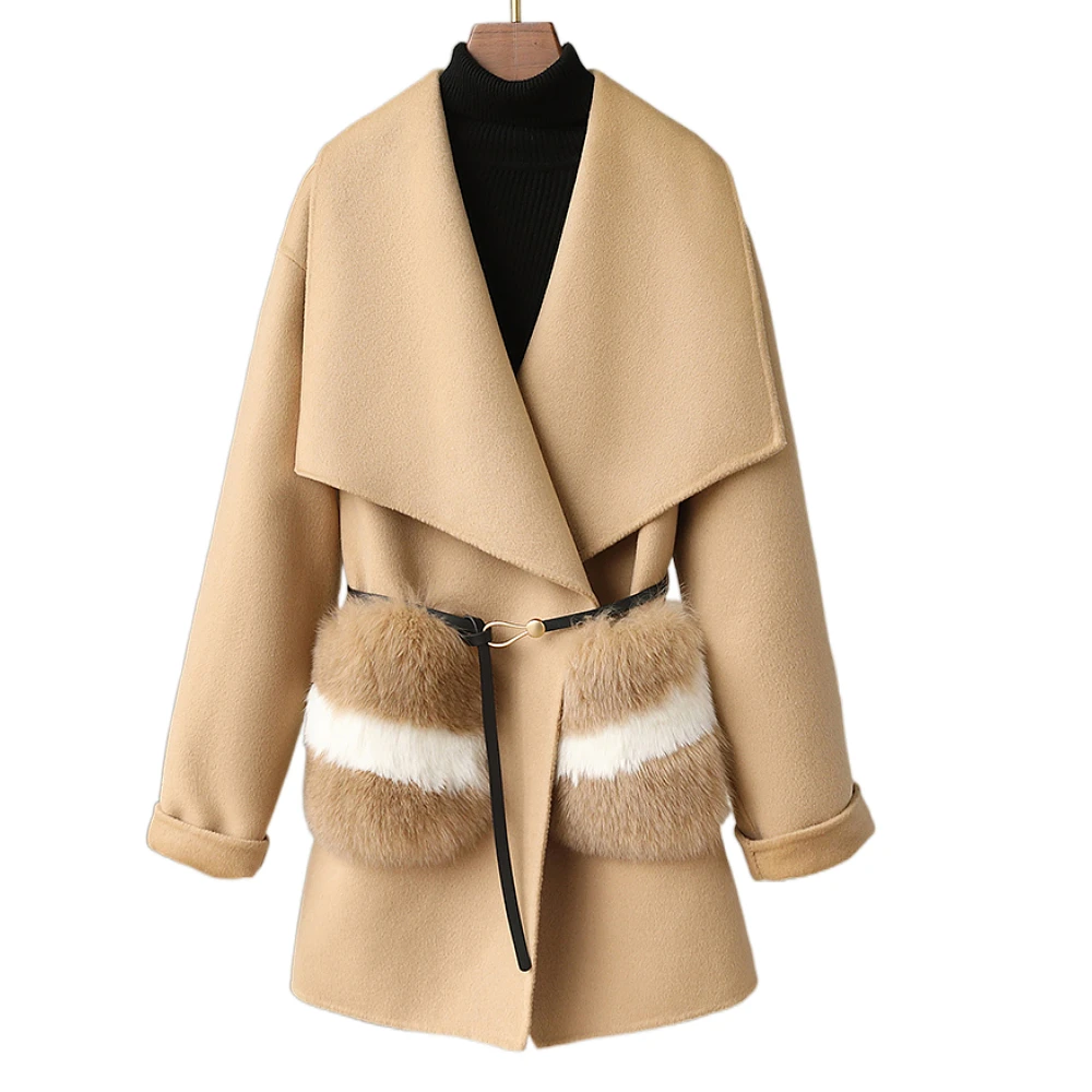 

2023 Woolen Coat Fox Fur Pockets Reversible Cashmere Coat Women's Mid-Length Autumn and Winter New High-End Double-Sided