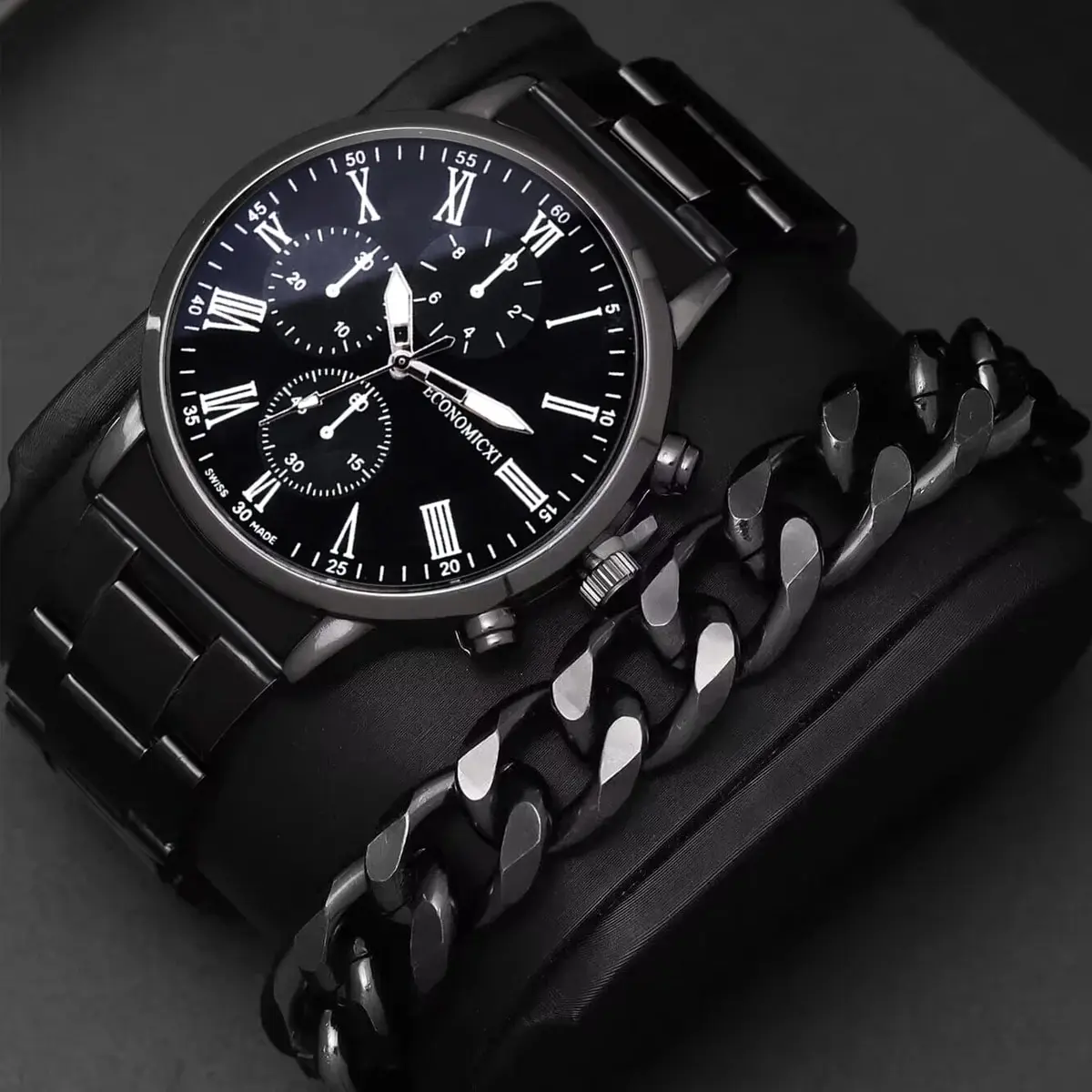 2Pcs Men's Fashion Trend Three Eyes Luminous Needle Roman Digital Steel Band Quartz Watch Leisure Luxury Alloy Bracelet Set