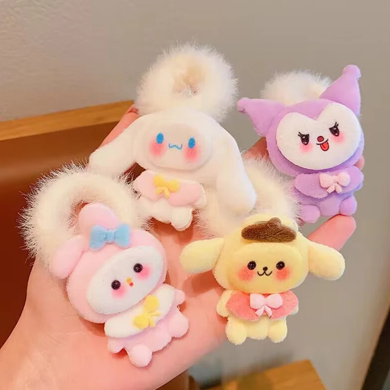 Cartoon Sweet Kawaii Melody Cinnamoroll Pochacco Kuromi Purin Anime Cute Sanrio Hairpin Plush Hair Rope For Kids Hair Decoration