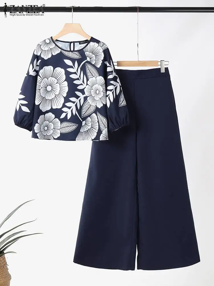 2024 ZANZEA Summer Suit Women Elegant Pant Sets 2PCS Outifts 3/4 Sleeve Blouse Wide Leg Trousers Casual Printed Matching Sets