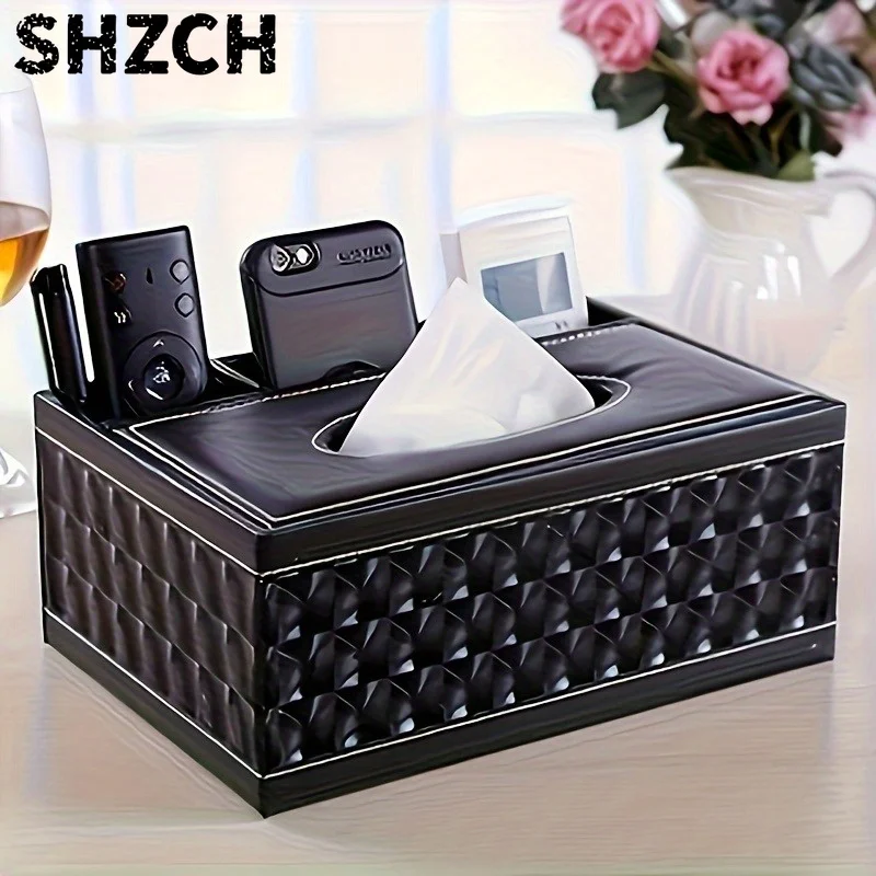 Elegant Faux Leather Tissue Box Cover with Remote Holder - Stylish Living Room Decor, Desktop Storage Organizer