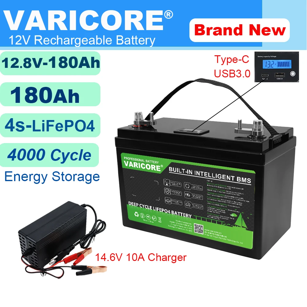 LiFePO4バッテリーキャッパー、ゴルフカート、オフロードソーラーチャージャー、12.8v、180Ah、12v、4sリチウム電池、USB 3.0、タイプc出力、14.6v