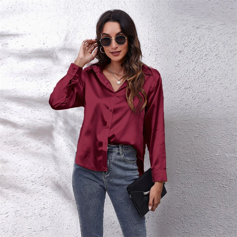 Spring Satin Shirt Women Loose Button Up Blouse Shirts Ladies Imitation Silk Long Sleeve Shirt for Women DF4972