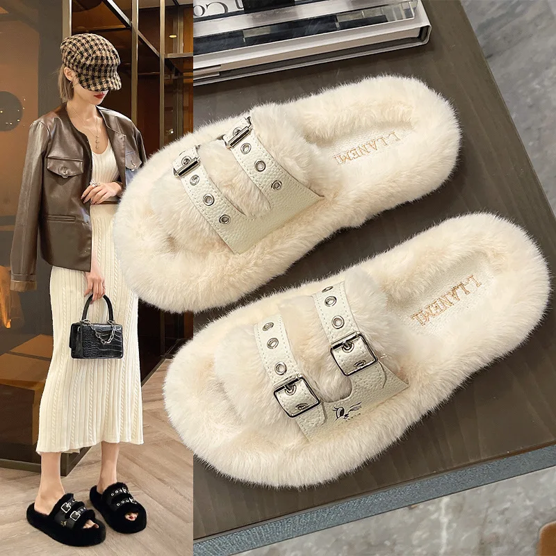 

Retro Metal Belt Buckle Fluffy Slippers Thick Bottom Heightened Fleece Thickened Outer Wear Slippers Women's Casual Slippers