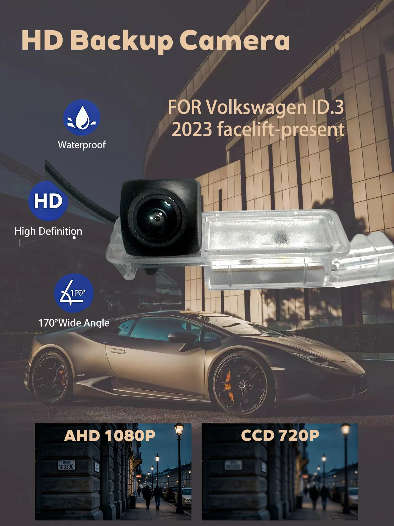 For After the 2023 Volkswagen ID.3 facelift CCD 720P & AHD 1080P Available HD Waterproof Night Vision Rear View Backup Camera