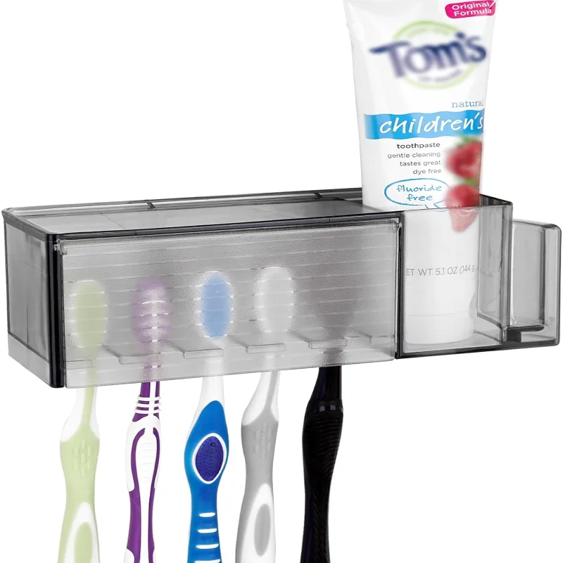 

5 Slots Wallmount Toothbrush Holder with Cover for Shower, Plastic Multifunctional Toothpaste Toothbrush Organizer Compatible wi