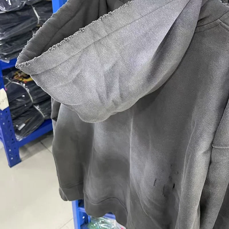 Oversize Blank Zipper Hoodie Winter Saint Jackets Vintage Distressed Washed Worn Fading Grey Fleece Hoodys Men Women Streetwear