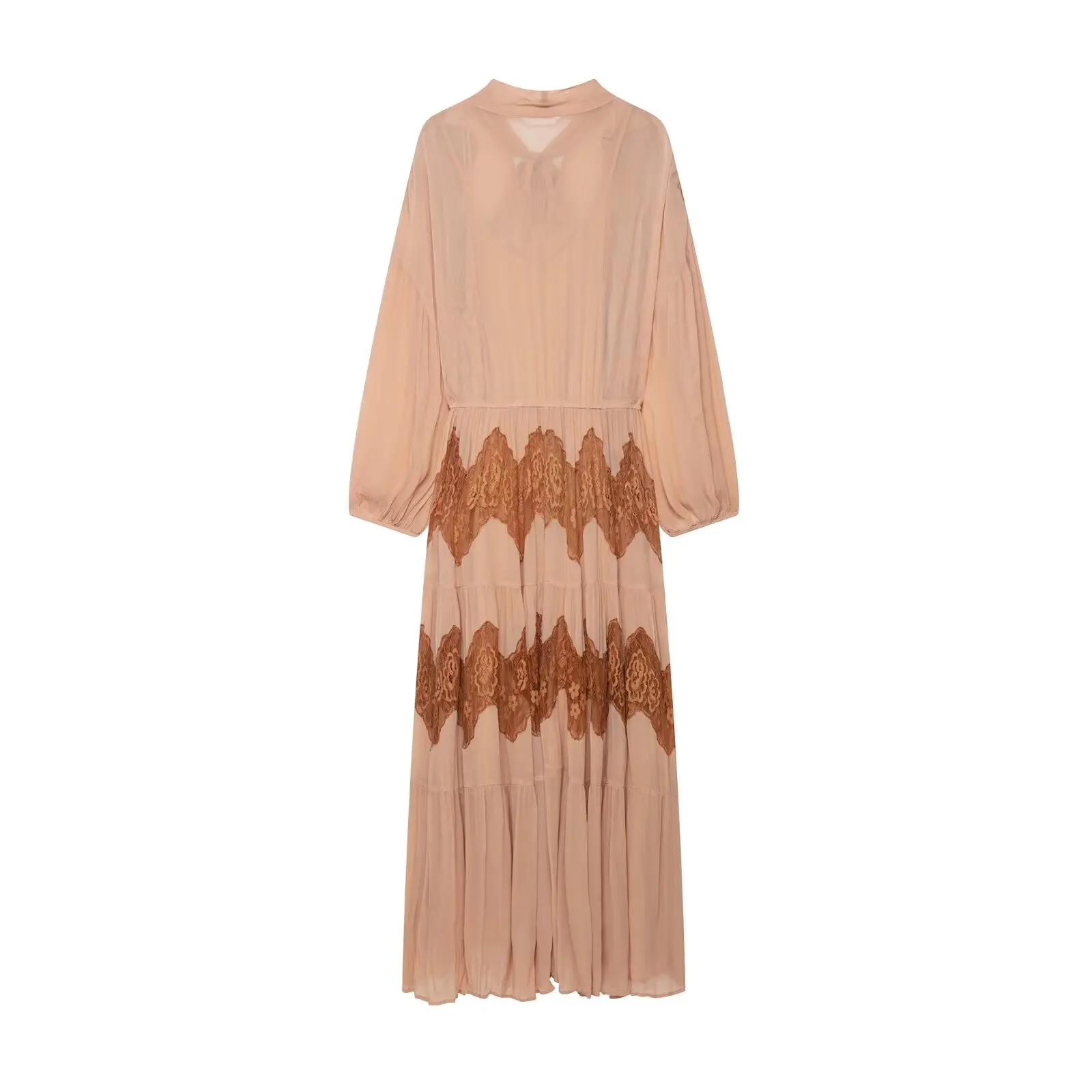 2025 women's autumn new neckline bow decoration casual loose temperament splicing lace long chiffon dress