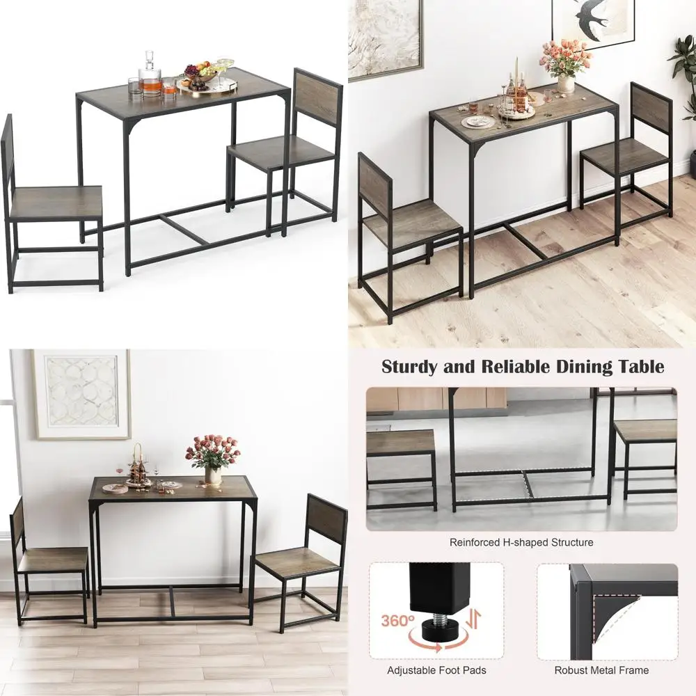 Giantex Juego de mesa de comedor de 3 piezas para 2, mesa de cocina industrial pequeña con 2 sillas, estructura de metal, juego de comedor que ahorra espacio para