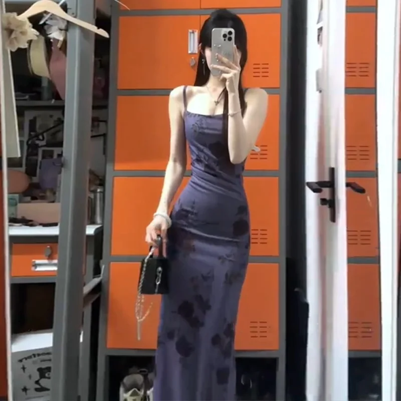 Ele Long Floral Print ter Dr Purple Bal Me Skirt Slim Fit Women's Summer Faion Casual Svel Gown