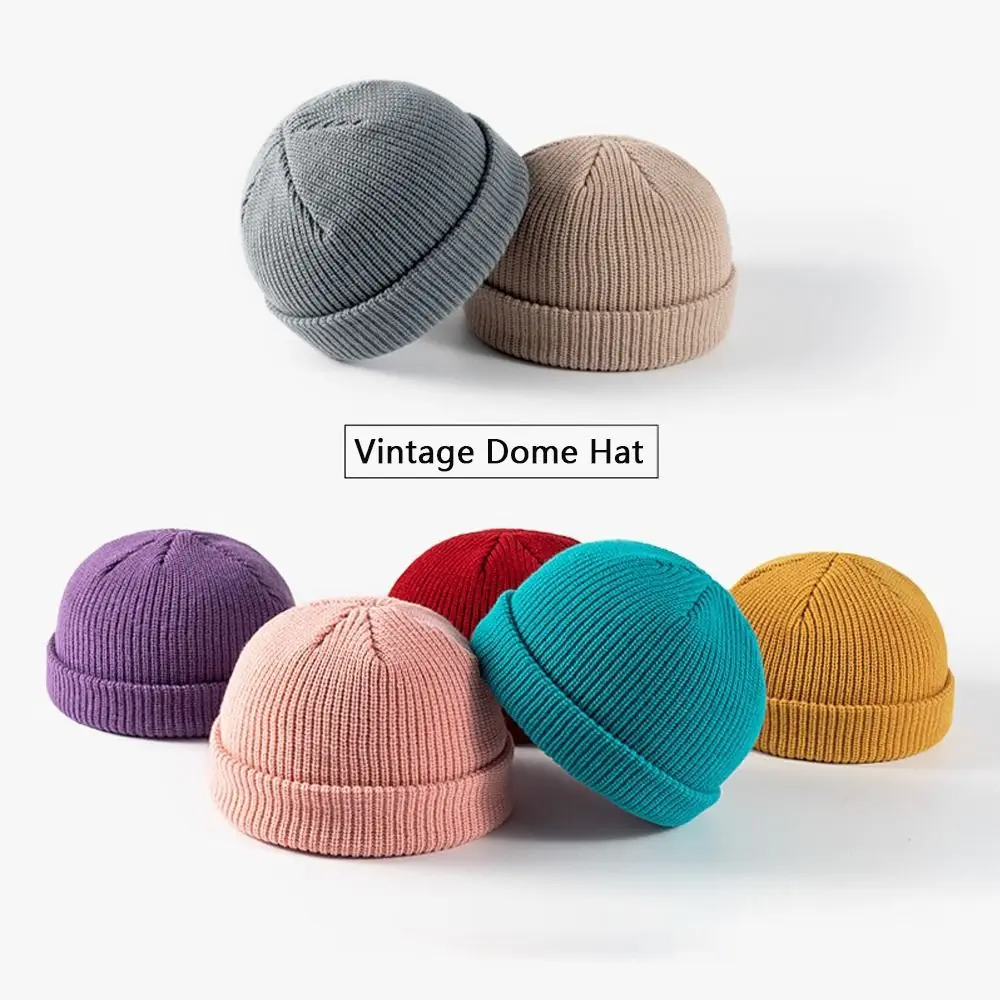 Hip-Hop Solid Color Knitted Cap Elastic Keep Warm Vintage Dome Hat Brimless Melon Beanie Cap Winter