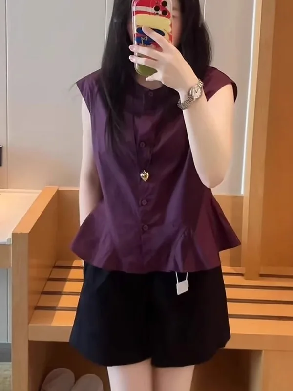 

Purple Faion round Ne Svel irt Women's plus Size Summer Slimming Versatile Top Comfortable Breathable Korean Sle