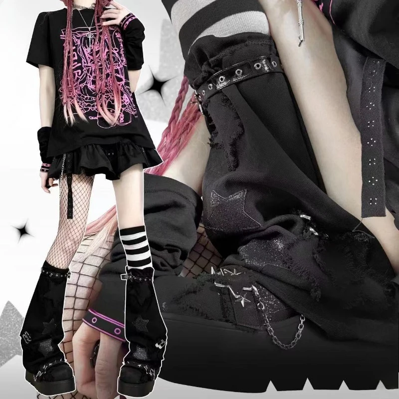 2026 Punk Denim Shiner Star Patchwork Leg Warmer Streetwear Grunge Black Belt Socks Harajuku Vintage Tassels Sock Y2k Aesthetic