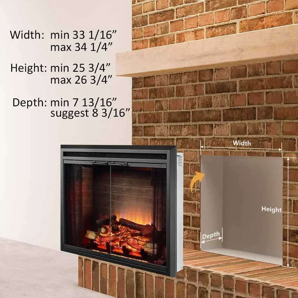 Electric Fireplace Insert with Fire Crackling Sound, Glass Door and Mesh Screen, 750/1500W, Black, 33 1/16 Inches Wide