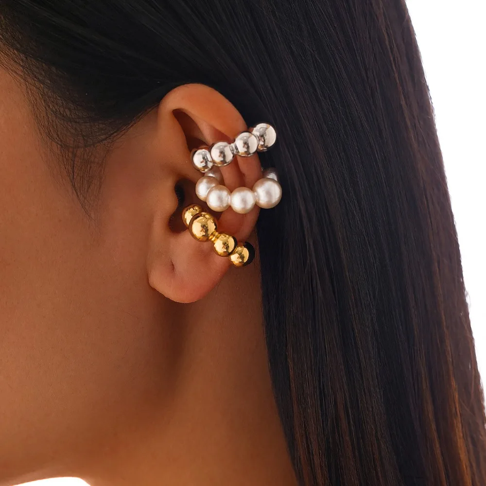 Cuff Earrings Set 3Pcs Silver Gold White Faux Pearl Ear Clip for Women No Piercing C Shape Bead Cartilage Jewelry Gift Sweet