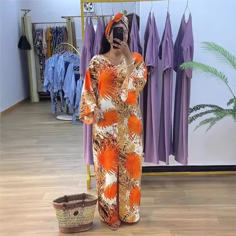 Women\'s Spring Autumn Boho Maxi Dress Fashion Print V-neck Long-sleeve Slit Casual Beach Vacation Dresses For Women Robe Femme