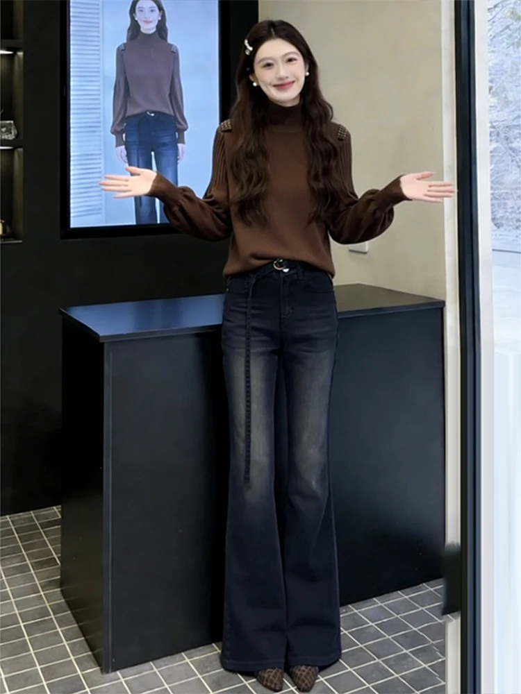 

Sli Women's High Ne Sweater Wide Leg Jeans Two Piece Set Autumn Winter New Arrival Slimming Age Reducing Faion Set