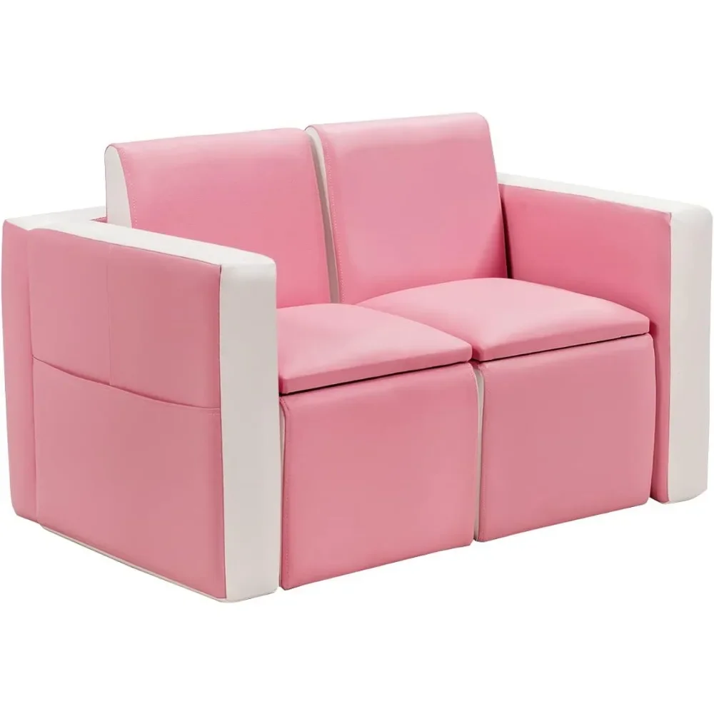 Children's Sofa, 2-in-1 Convertible Two-seater Sofa with Storage, Children's Chaise Longue in PVC Leather