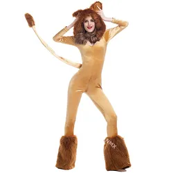 Animal Cartoon Lion Plush Hooded Jumpsuit With Tail+Leg Cover  Halloween Costume For Adult Women Lion King Cosplay