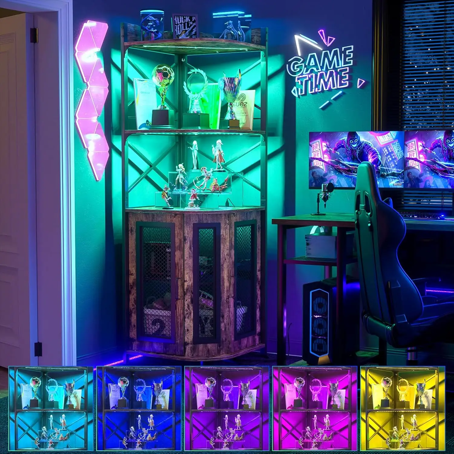 Armoire de bar d'angle avec prise de courant, cave à vin industrielle avec bande LED et porte-verre, à 5 niveaux français ou armoire B