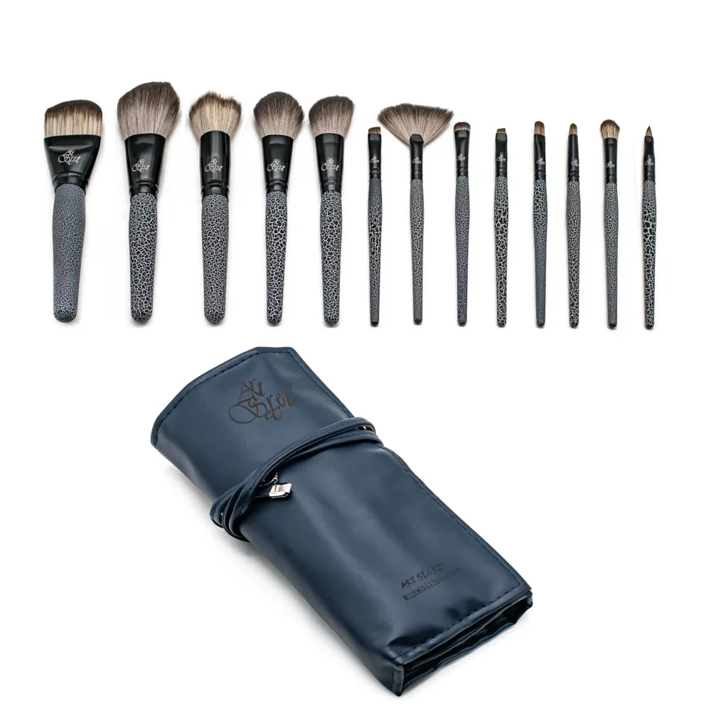 Conjunto de pincéis de maquiagem profissional, 13 peças, com bolsa de couro pu, cabelo natural-sintético, sombra, corretivo, base, pó