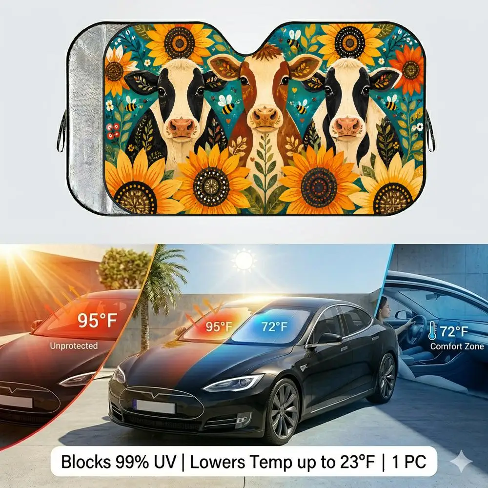 Cow Sunflower Cute Farm Sun Visor Reusable Double-Sided Windshield Sun Visor UV Block Portable Heat Shield Cover
