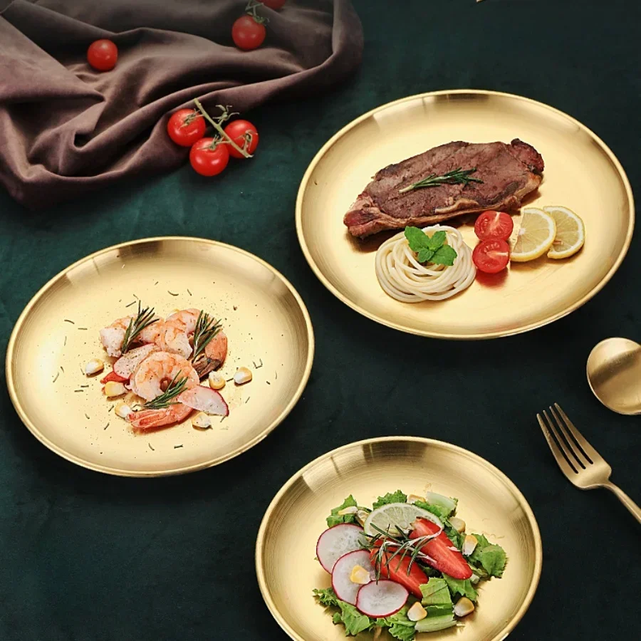 

Korean stainless steel gold plate thickened fruit plate Cake salad plate Flat vegetable plate platter Restaurant food tray