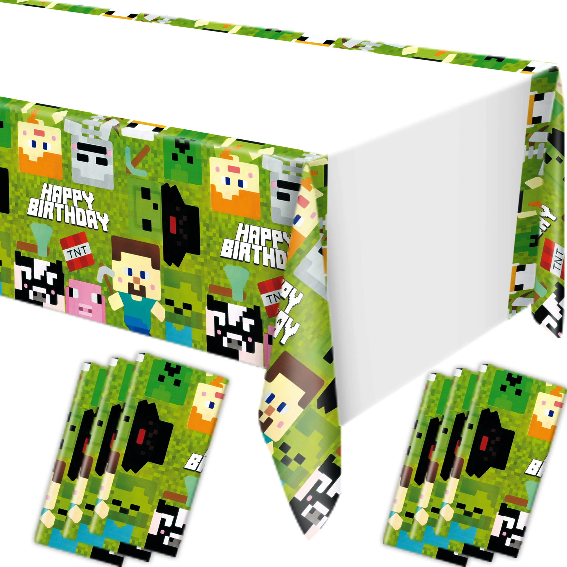 New Model Minecrafte Creeper Tablecloth Disposable PE 137x274cm for Gamer Birthday Party – Waterproof, Easy Clean, Pixel Green C