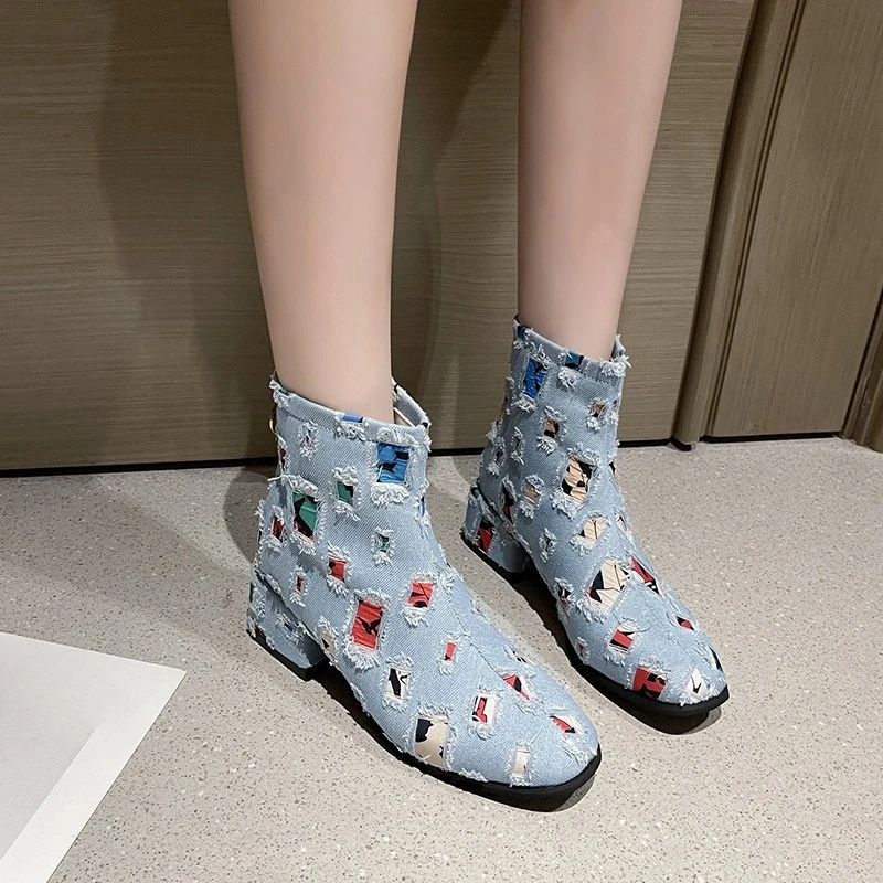 2026 Autumn and Winter New Heightened Rear Zipper Fashion Rags Booties Women's Non-slip Fashion Round Toe Block Heel Shoes view 2