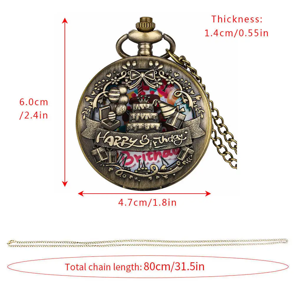 ユニークなハッピーバースデーケーキヴィンテージブロンズスチームパンク懐中時計、アンティークギフトアクセサリー用