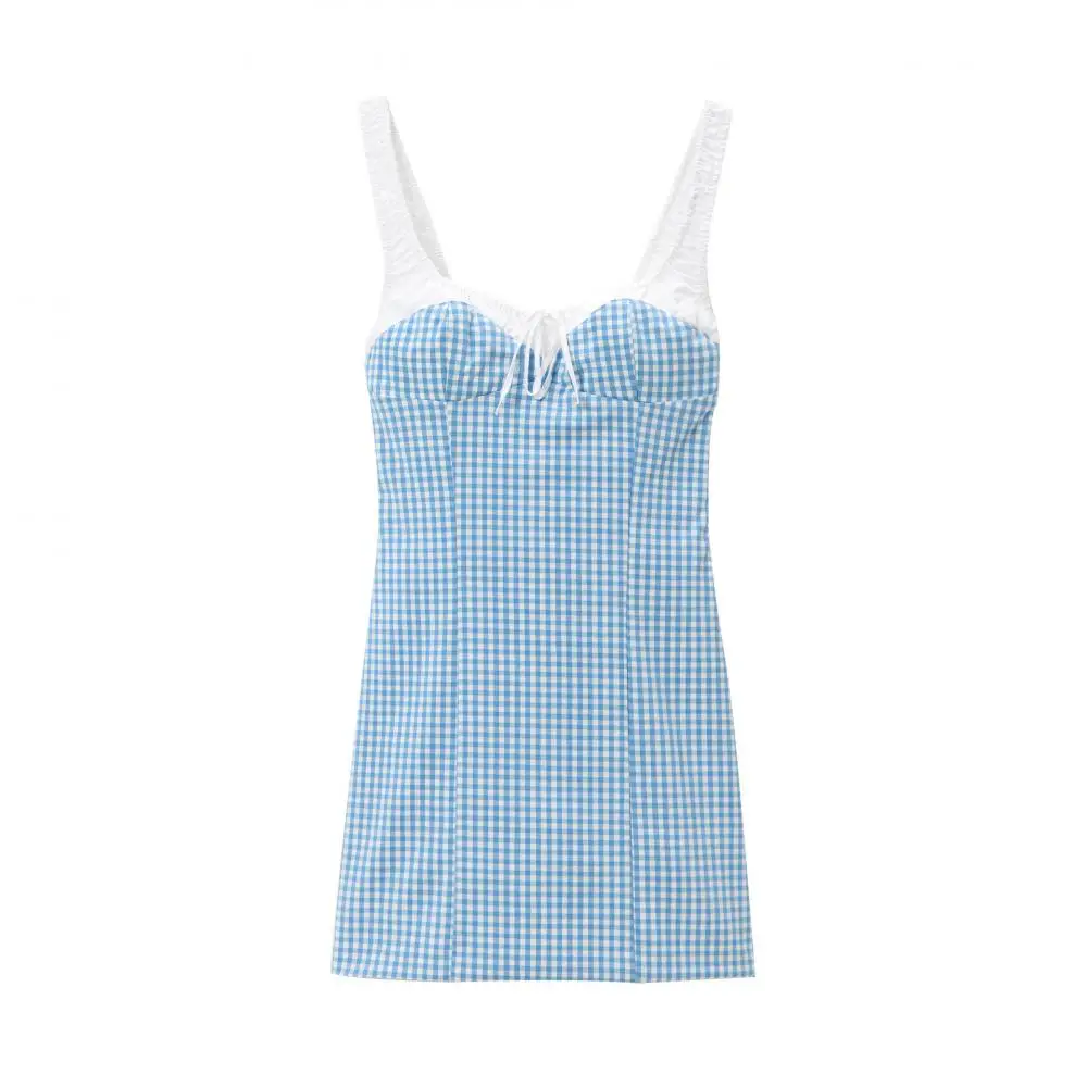 

Women Summer Blue Plaid Width Sling Mini Dress Female Sexy Sleeveless Backless Side Zipper Slim Dress Lady Evening Party Wear