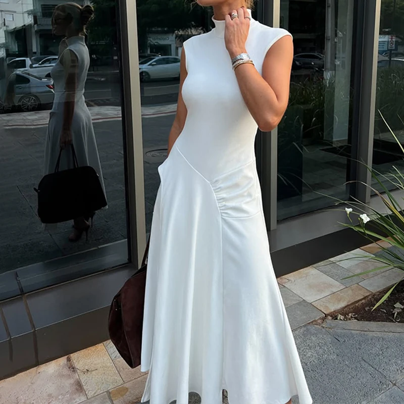 Summer White High Waist Banquet Dress Lady Temperament Hollow Sleeveless Evening Dress Fashion Patchwork Pleated Slim Long Dress