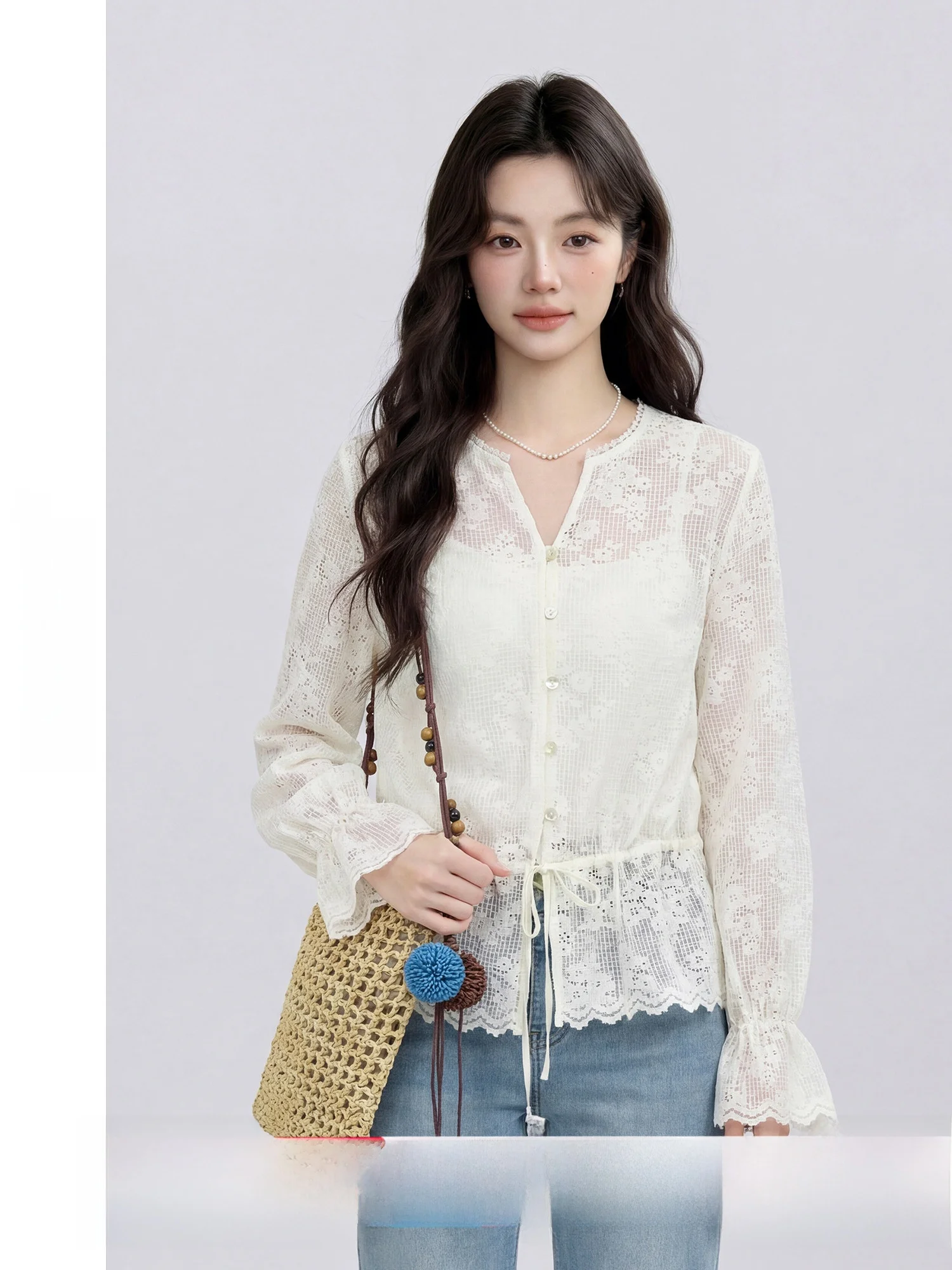 

Moonlight White Lace Embroidery V-Neck Breathable Open Cardigan Slim Fit Long Sleeve Shirt French Style Bell Sleeve Polyester