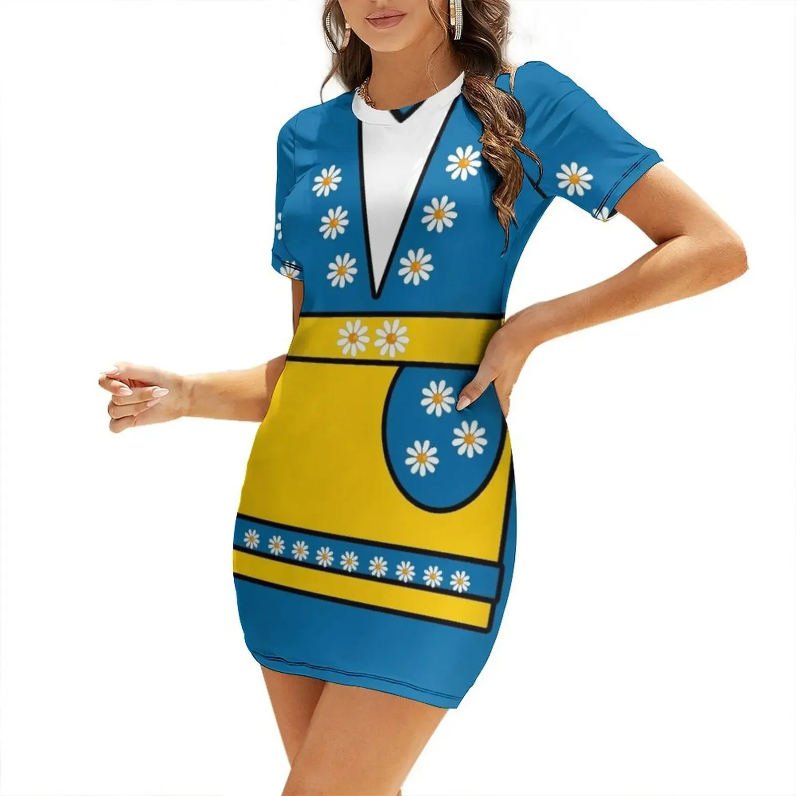 Swedish National Costume Blue Yellow Daisies Short-Sleeved Dress womens clothing Dress women birthday dresses for women Dress