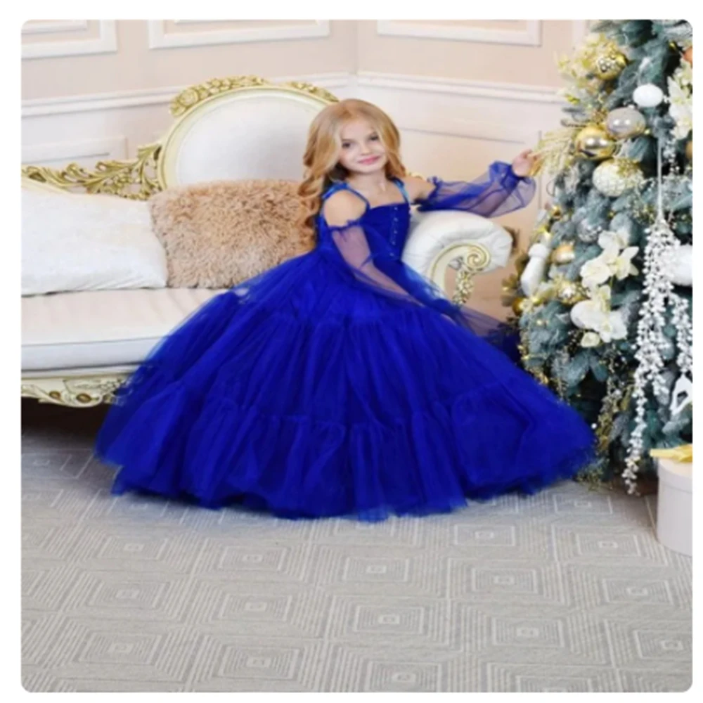 

Blue Tulle Puffy Flower Girl Dress Long Sleeve Spaghetti Straps With Belt For Birthday Party Pageant First Communion Ball Gowns