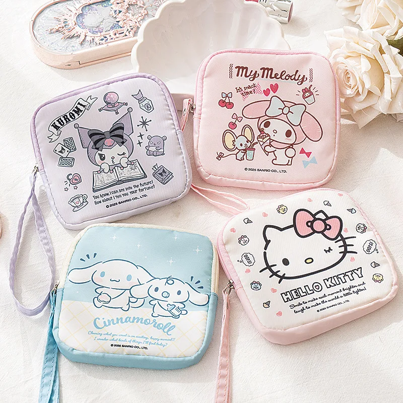 

Sanrio милый мультяшный нулевой кошелек для девочек, портативная сумка для хранения гигиенических полотенец, студенческая дорожная сумка для полотенец для тети, губная помада, сумка на молнии, подарки